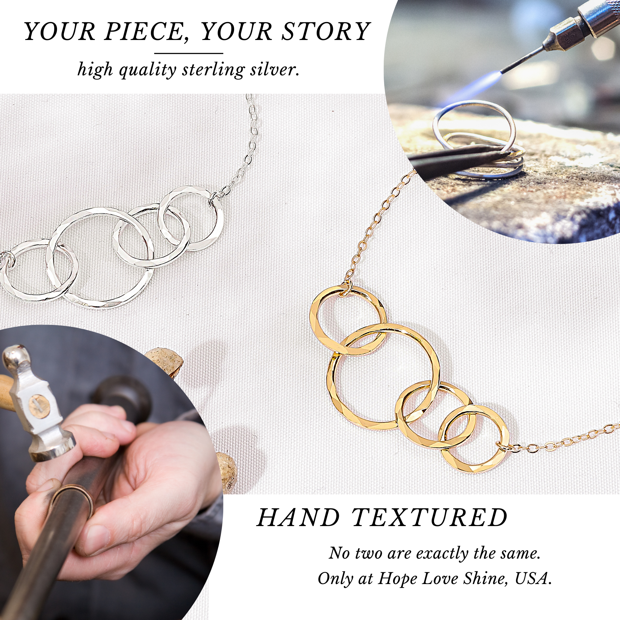 hope love shine - Vendita all'ingrosso Collana con ciondolo/pendaglio - Collana con 4 anelli in oro e argento - Regalo di gioielli per quattro sorelle5