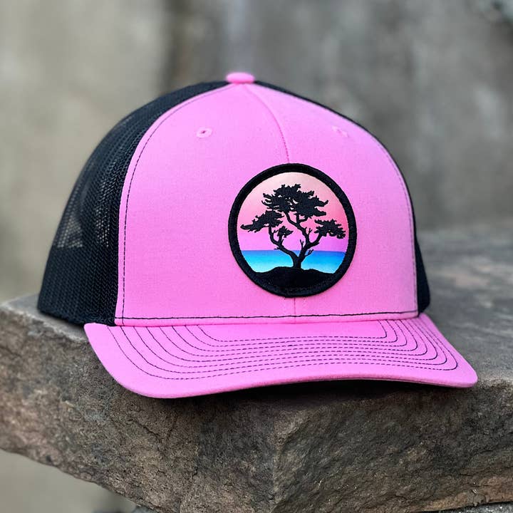 Curved-Brim Trucker (Pink/Black) with Sundown Cypress patch for wholesale by Tommy Breeze