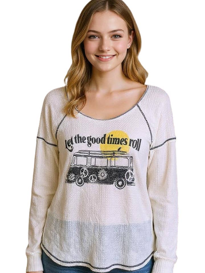 Women's Long Sleeve Raglan Waffle Graphic Flowy Top for wholesale by Good Stuff Apparel