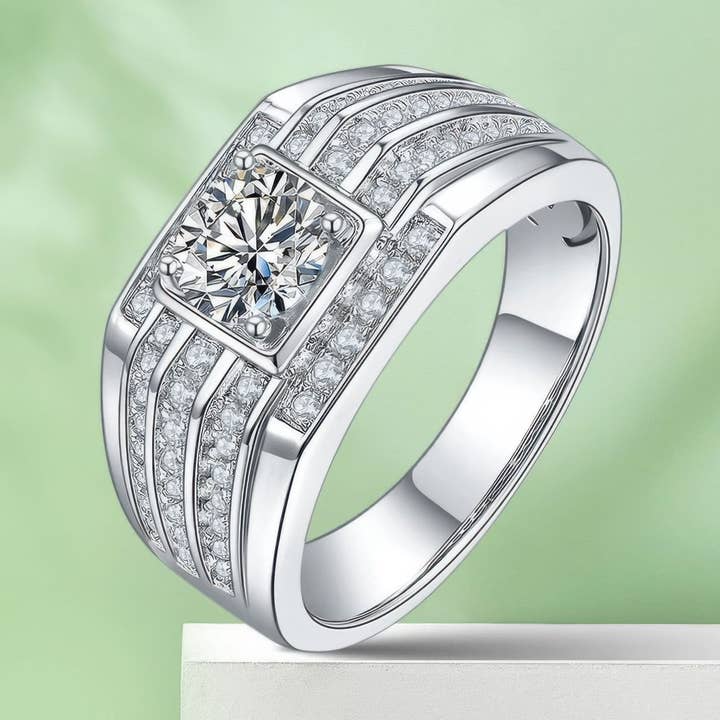 Men's Geometric Moissanite Ring | 1 Carat Round Cut 925 Sterling Silver Modern Band for wholesale by Sparkile