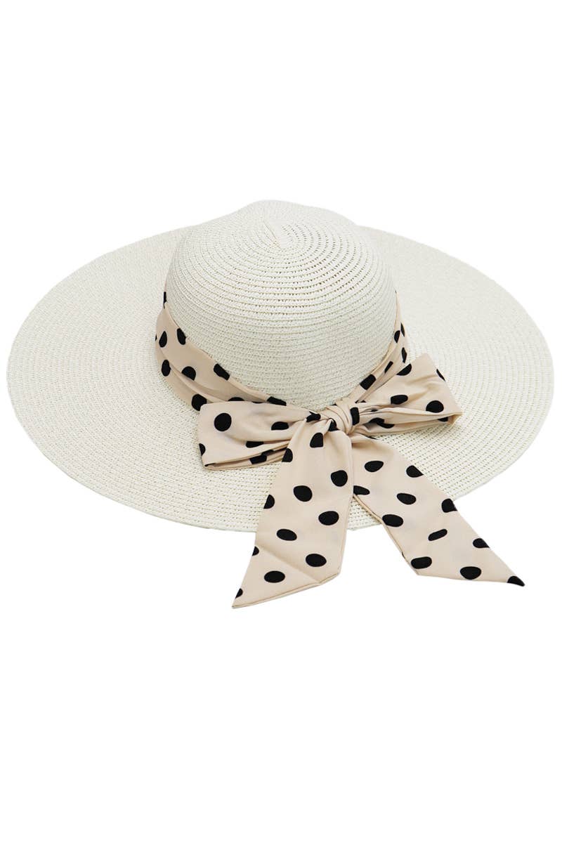Cap Zone - Wholesale Straw Hat - Women's - Polka Dot Ribbon Tight Weave Straw Floppy Sun Hat1