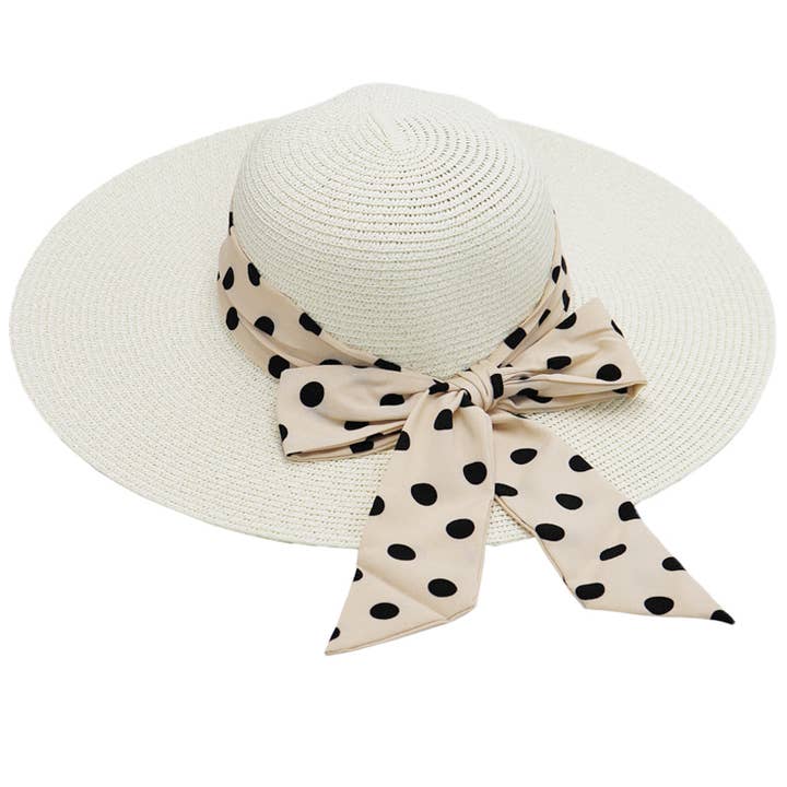 Cap Zone - Wholesale Straw Hat - Women's - Polka Dot Ribbon Tight Weave Straw Floppy Sun Hat1