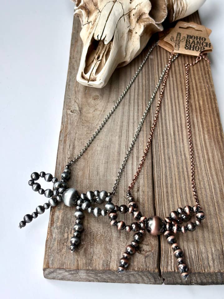 Western Navajo Pearl Bead Coquette Bow Chain Necklace for wholesale by Boho Ranch Shop
