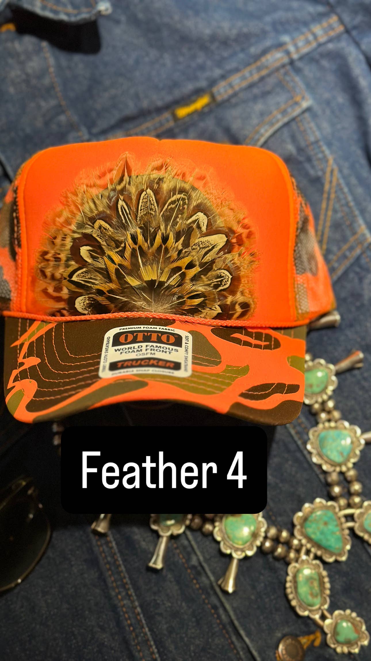 High Ho Silversmithing - Wholesale Trucker Hat - Women's - ORANGE CAMO CAMOUFLAGE FEATHER TRUCKER HAT3