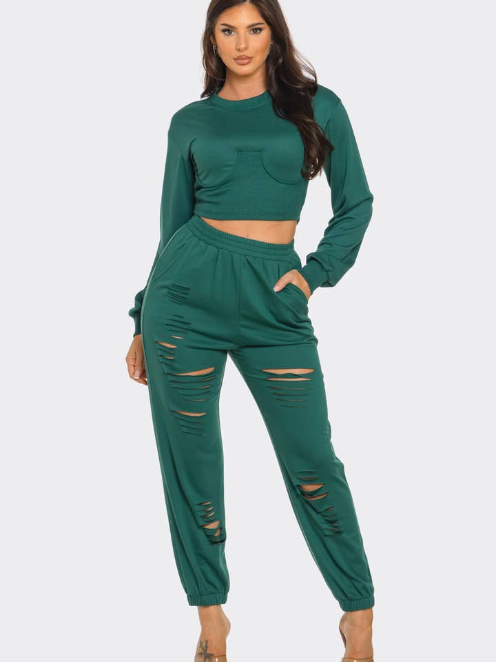 Julia by LoveJ - Wholesale Top & Pant Set (NOT Loungewear) - Women's - Round Neck Solid Top And Laser Cut Pants Set