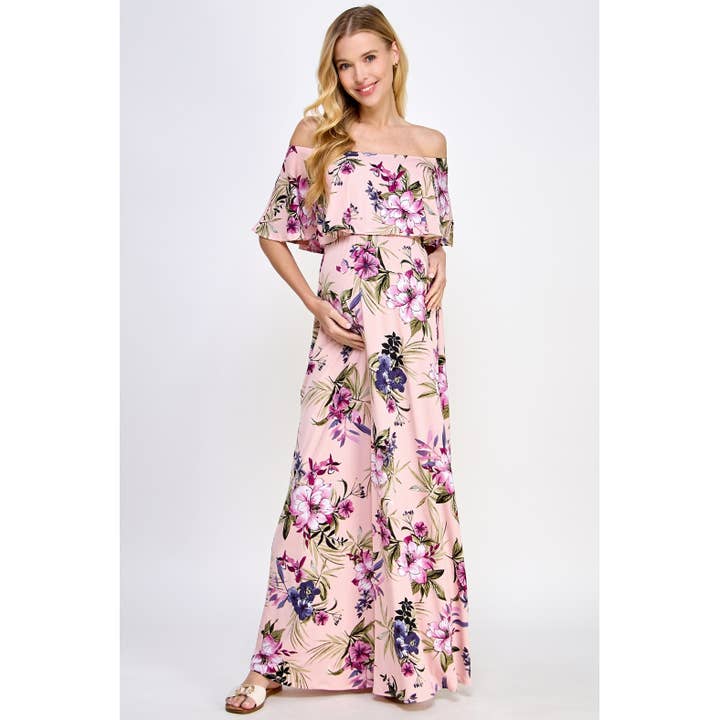 Schulterfreies Maxi-Umstandskleid mit Rüschen für den Großhandel von Hello Miz