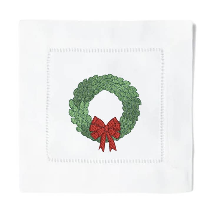 Christmas Wreath Cocktail Napkins for wholesale by Blythe Embroidery Co.