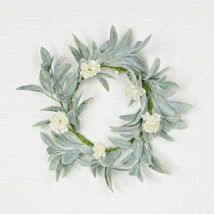 Impressive Enterprises, Inc. - Wholesale Artificial Flowers - 35265- 14in(6.5)Wreath-Lamb Ears with Cream Ranunculus0