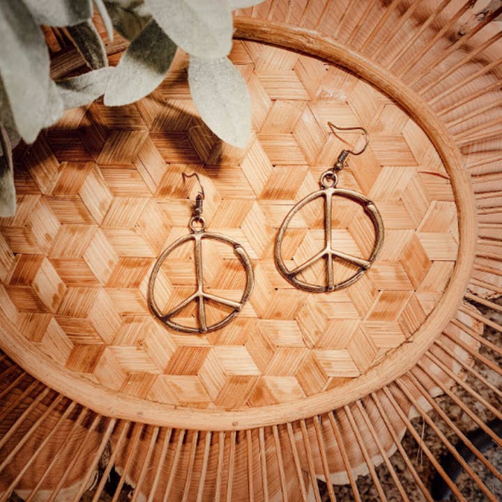 Red Shed Designs - Wholesale Dangle Earrings - Antique Bronze Metal Bohemian Peace Sign Earrings