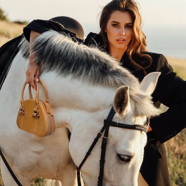 URBAN-EQUESTRIAN - Wholesale Top Handle Bag - Women's - Kella - Horse Bit Vanity Luxury Leather handbag in Caramel1