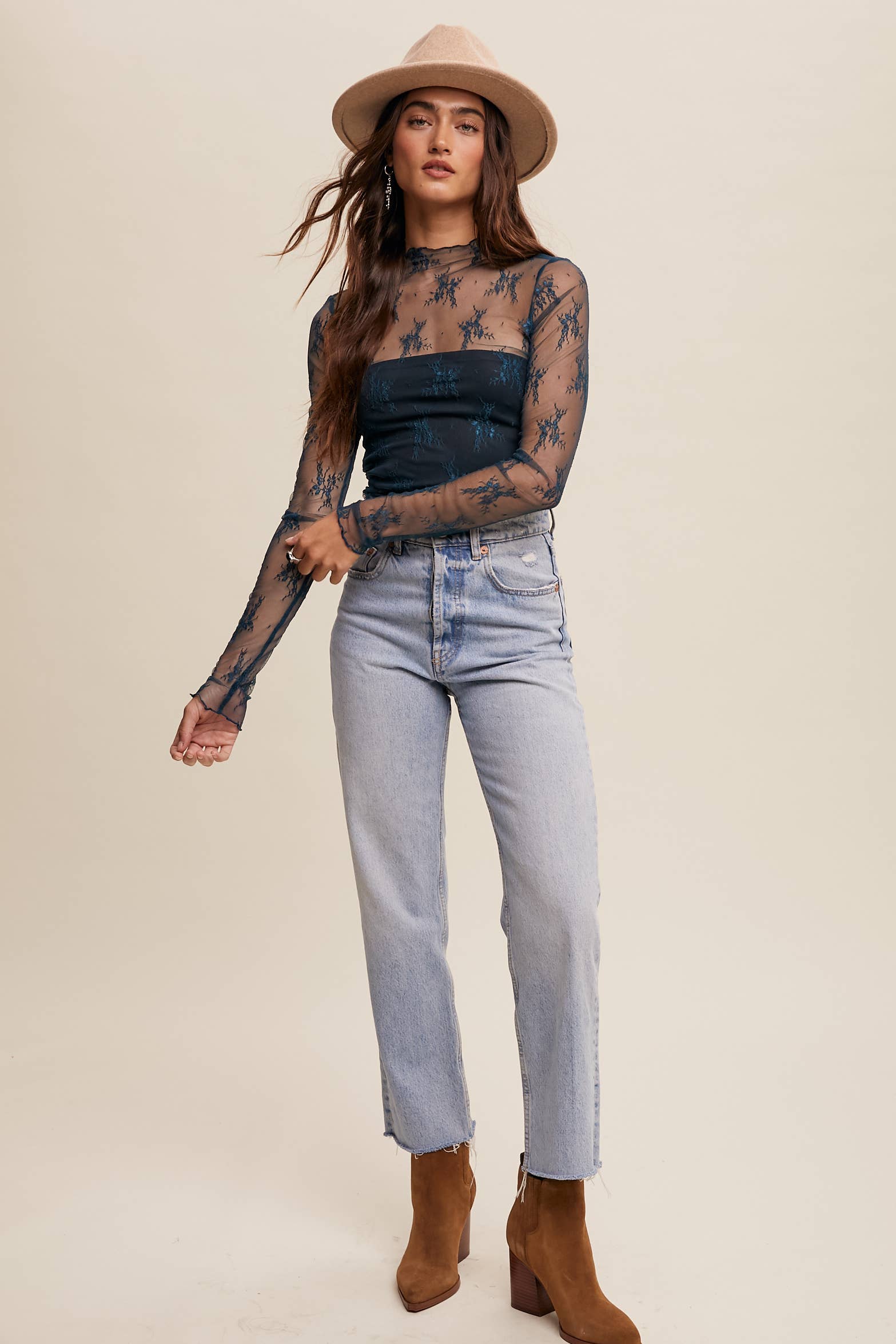 Listicle - Wholesale Blouse - Women's - Sheer Lace Long-Sleeve Top45