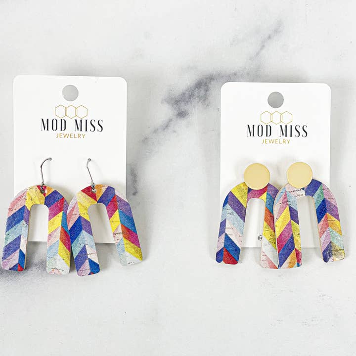 Cork+Leather Arch Earring "Crayola Geo'' for wholesale by The Mod Miss