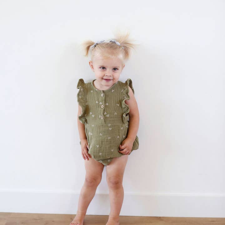 Organic Cotton Summer Romper - Olive Green for wholesale by Claire and Bella