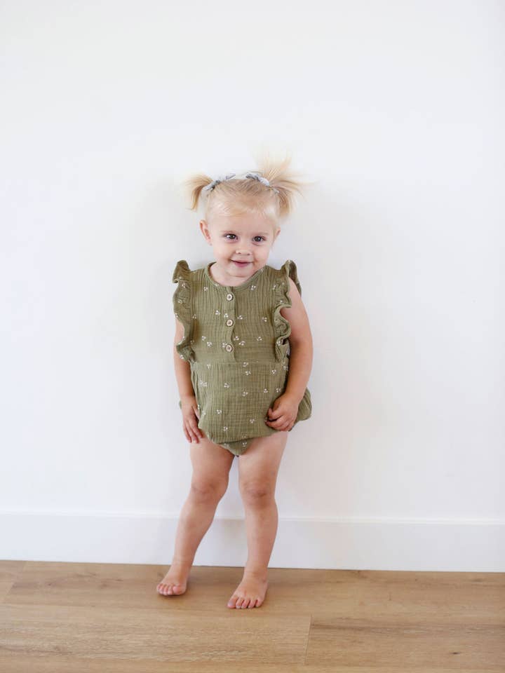 Organic Cotton Summer Romper - Olive Green for wholesale by Claire and Bella