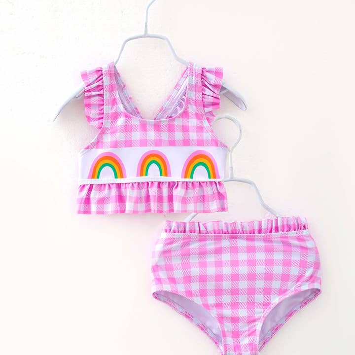Maillot de bain bikini fille à volants arc-en-ciel à carreaux roses pour la vente par littleoneusa
