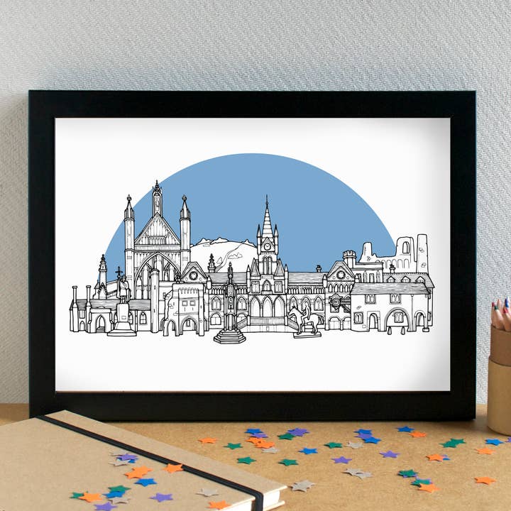 Winchester Skyline Landmarks Art Print - unframed for wholesale by Becka Griffin Illustration