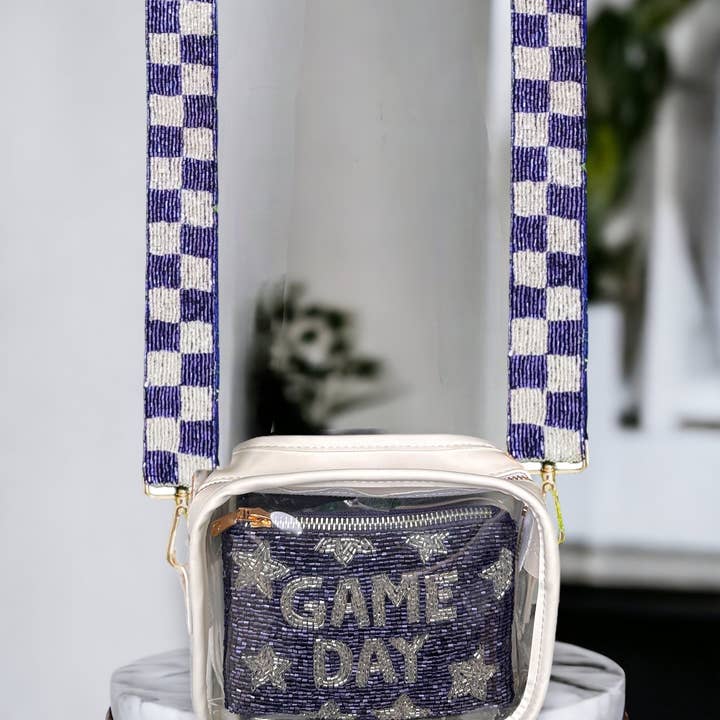 Navy & Silver Bag Strap- Classic Checkered Adjustable Beaded Strap Perfect for Stadium Bags Concert-Clear Bags -Game Day Football-STRAP ONLY for wholesale by Social Grace & Company