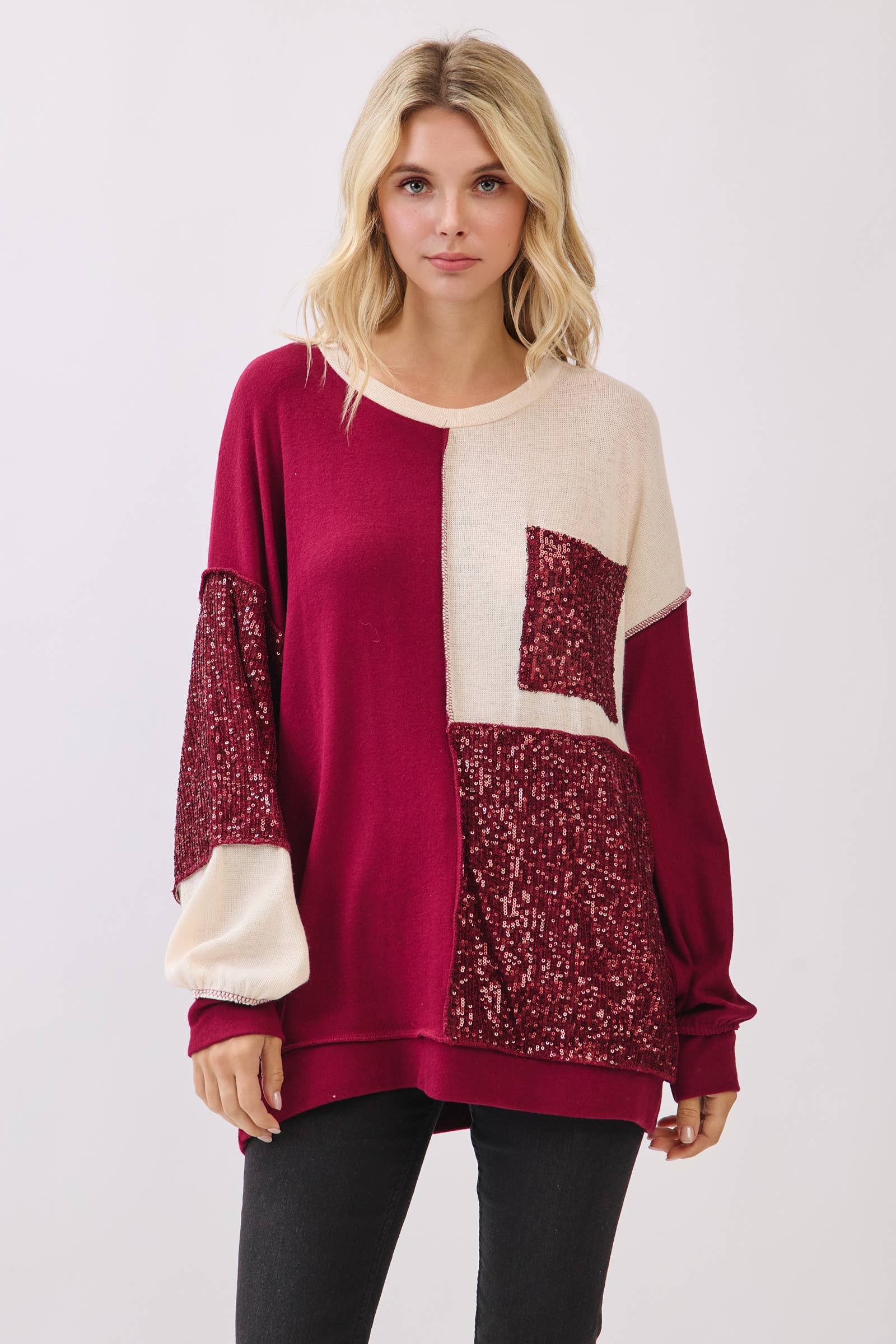 7th Ray – Sweatshirt - Mulher por atacado – Top de Manga Comprida com Bolso Patchwork de Lantejoulas T606010