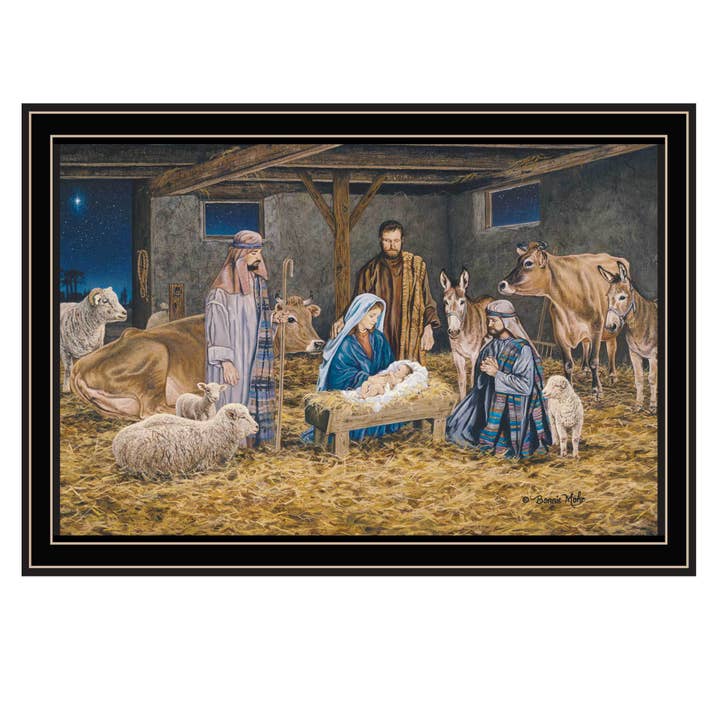 Trendy Decor 4U The Greatest Gift of All - The Birth of Christ Black Framed Wall Art for Living Room, Nativity Wall Art Print for Home Decor, Bedroom Wall Art by Bonnie Mohr for wholesale by 39F Inc.
