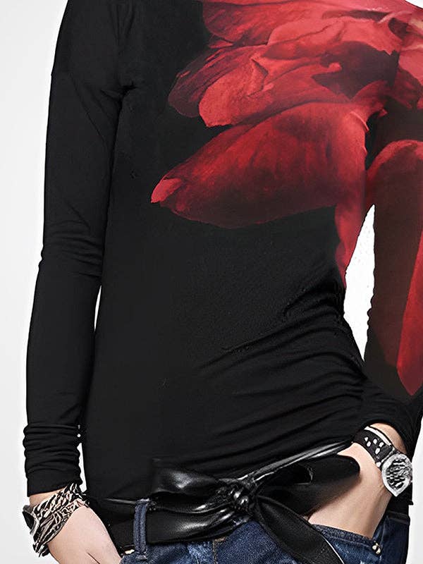 BLACK Long Sleeve Asym Print Split-Joint High Neck Tee for wholesale on Faire2