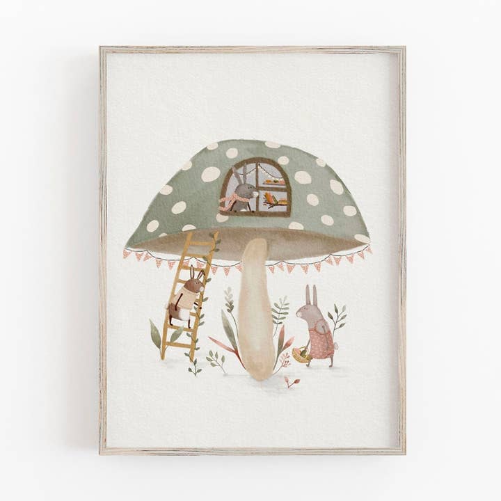 Baby Girl Nursery Wall Art Set - Rabbit Mushroom Print for wholesale by Urchin Bay