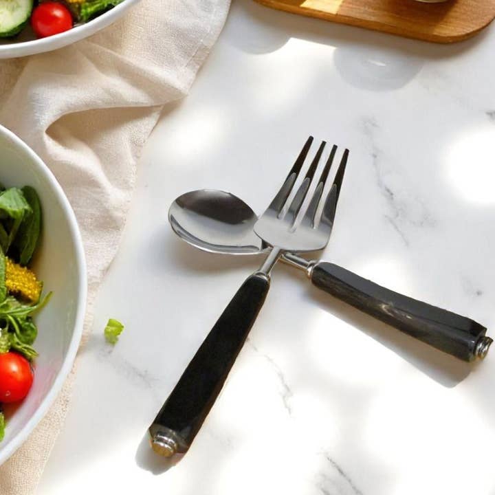 Set di posate per insalata in acciaio inossidabile 2 pezzi - Manico in osso nero moderno per la vendita all'ingrosso da parte di Shastra Home