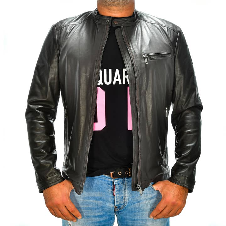 dark brown Men's genuine leather jacket. for wholesale on Faire2