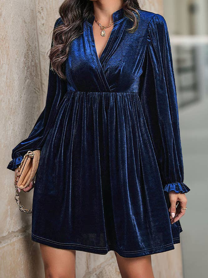 UNISHE - Wholesale Dress - Women's - Long Sleeves V Neck Smocked Velvet Dress BFZY11964
