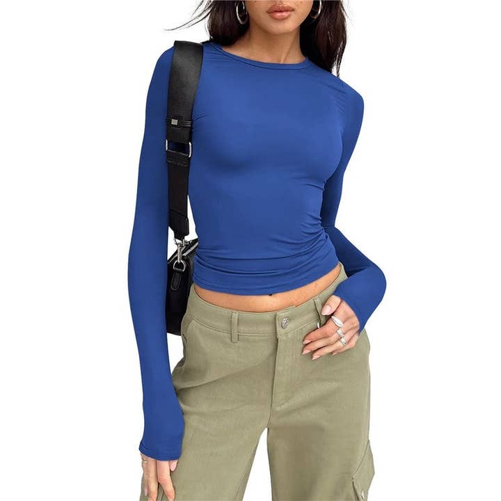 Sheer Trend - Wholesale T-Shirt - Women's - Solid Color Casual Long Sleeved Slim Fit T-Shirt