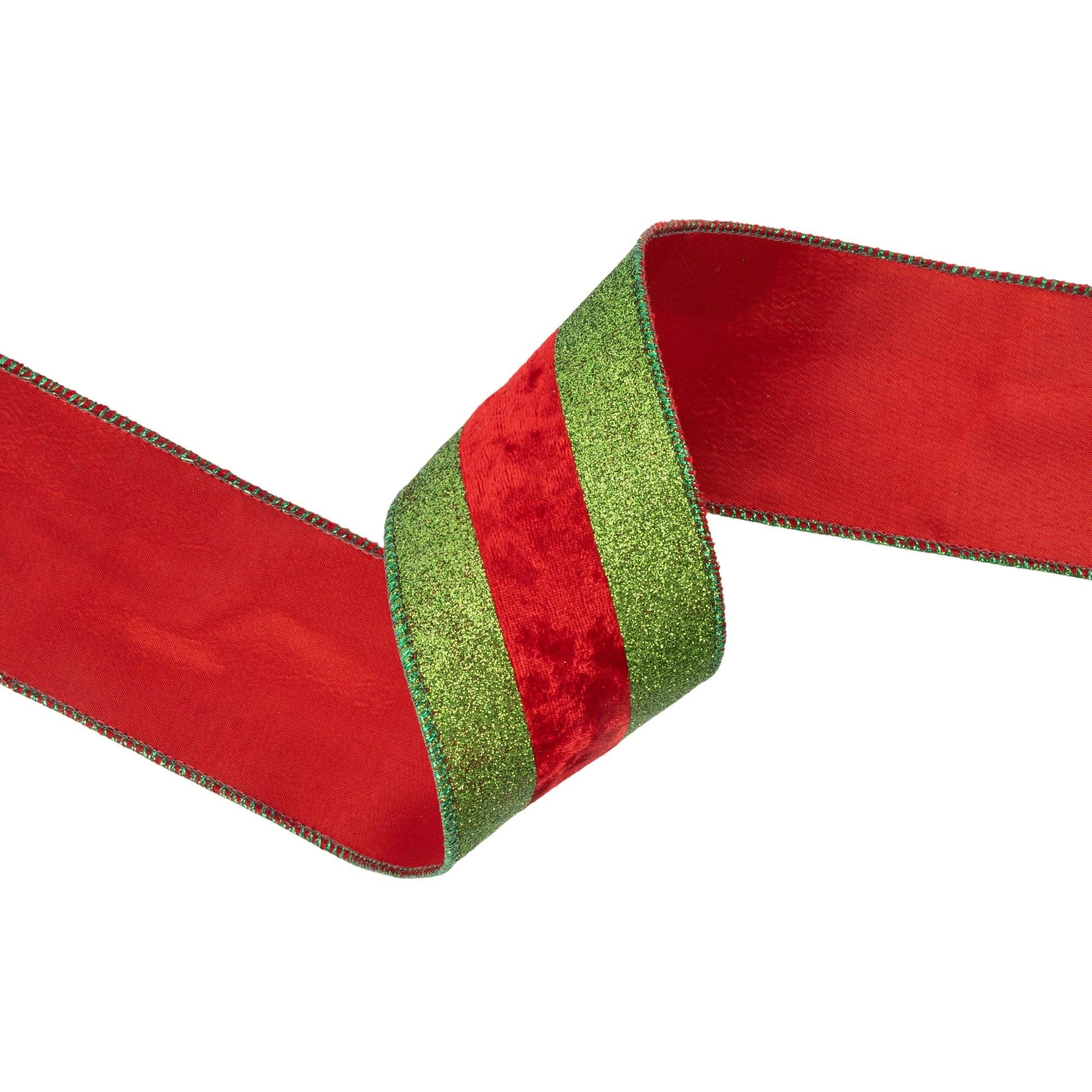 LA Ribbons Wholesale - Venta al por mayor Cintas - Envoltorio de regalos - Cinta con Alambre de 2 1/2" | Purpurina Verde con Raya de Terciopelo Rojo | Rollo de 10 Yardas3