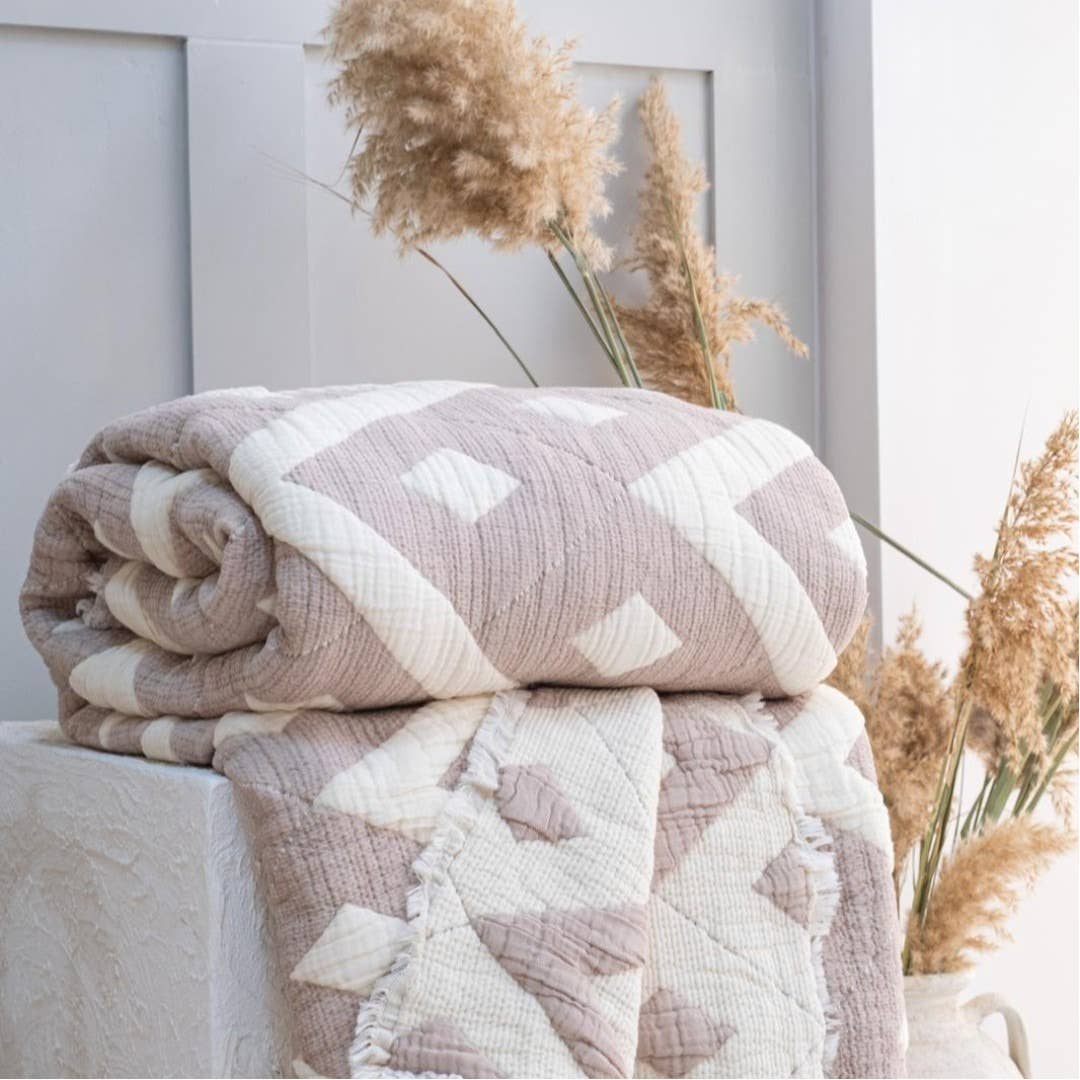 Design company-Fatma Balkir - Wholesale Quilt - Beige King Size Muslin Quilt with 6 layers bedspread-boho5