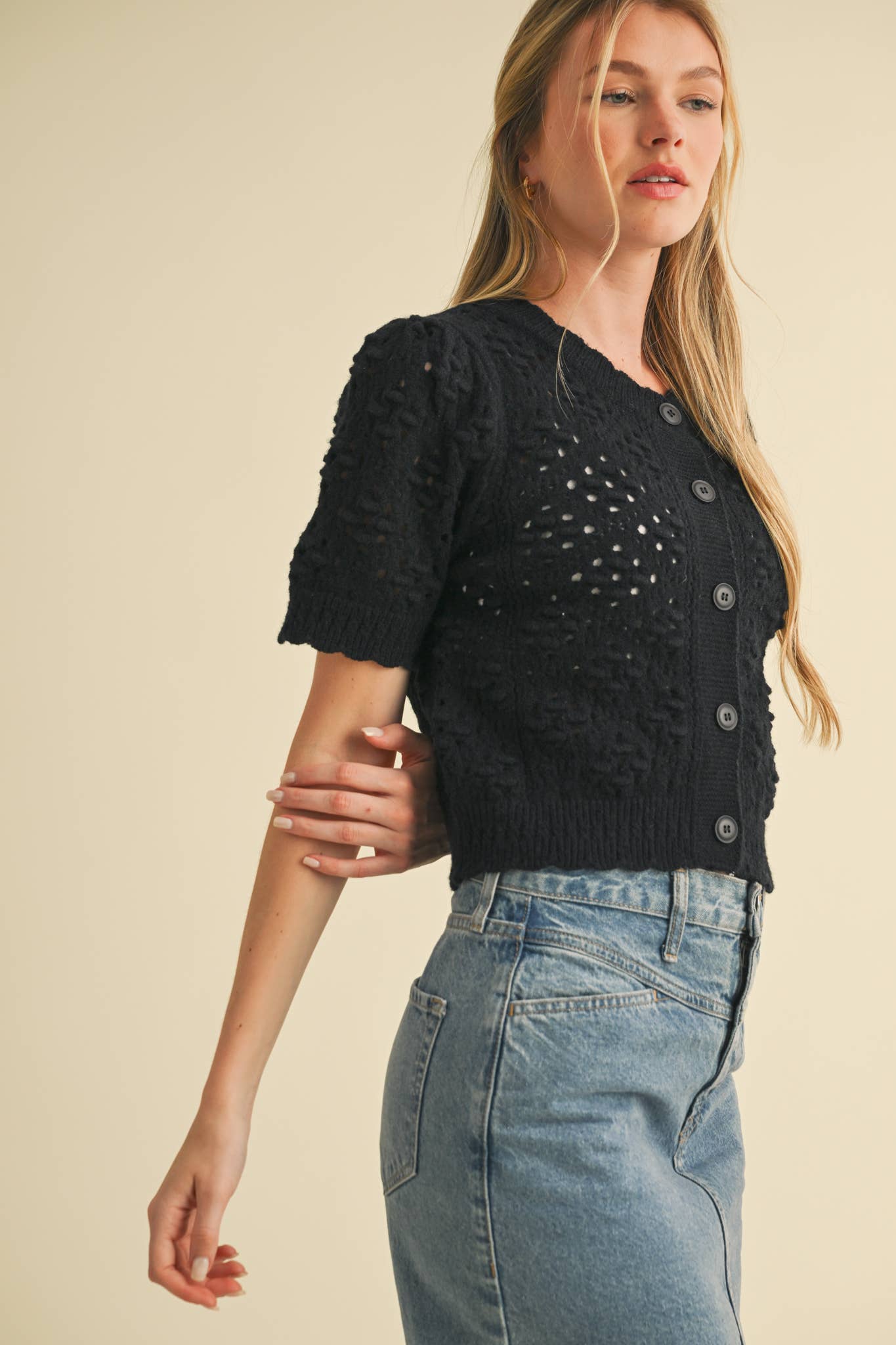 &MERCI - Wholesale Cardigan - Women's - CROPPED POINTELLE BUTTON DOWN SWEATER CARDIGAN MSW1085748