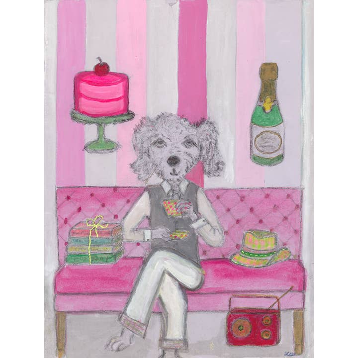 Bernie Street Studios - Wholesale Art Print - A Good Life original print sophisticated dog on pink couch