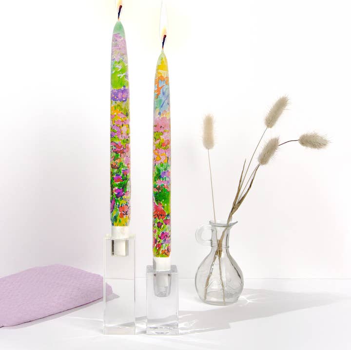 Taper Candles - Watercolor Rainbow Flowers - Set of 2 for wholesale by Flatyz Candles