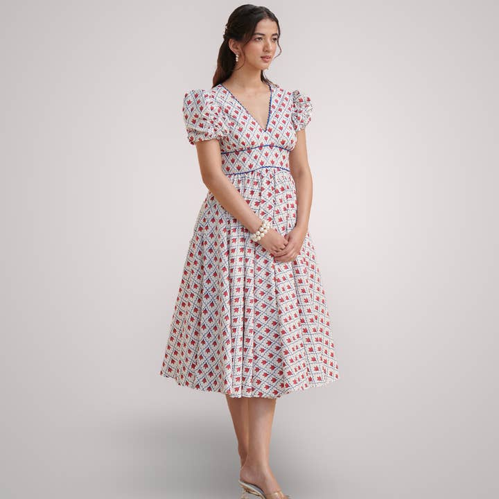 Midi Dress | Blue/ White | Block Print Dress | Bloom Dress for wholesale by Echo of Pink