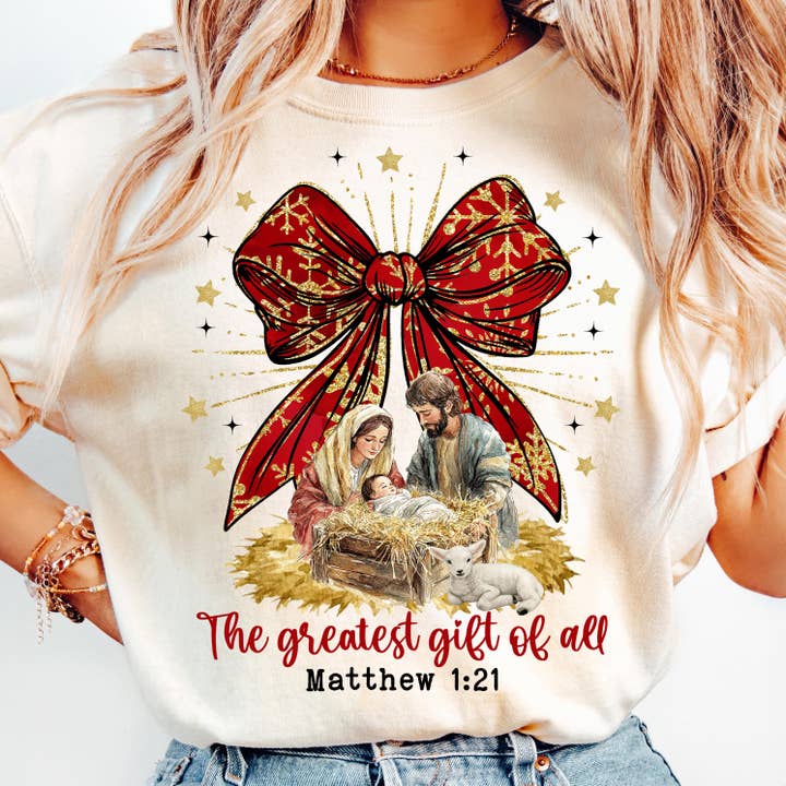 Het Grootste Geschenk van Allemaal Shirt, Christelijke Kerststal T-shirt voor wholesale door DLT Ecommerce