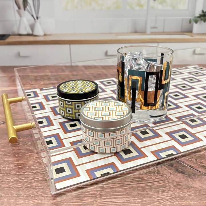 Mod Lounge Paper Company - Wholesale Decorative Tray - Squares Unaligned Rectangle Acrylic Tray with Gold Handle