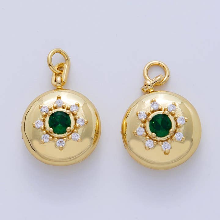 18K Gold Filled Green CZ Celestial Sun Round Locket Charm | AF312 for wholesale by Aim Eternal