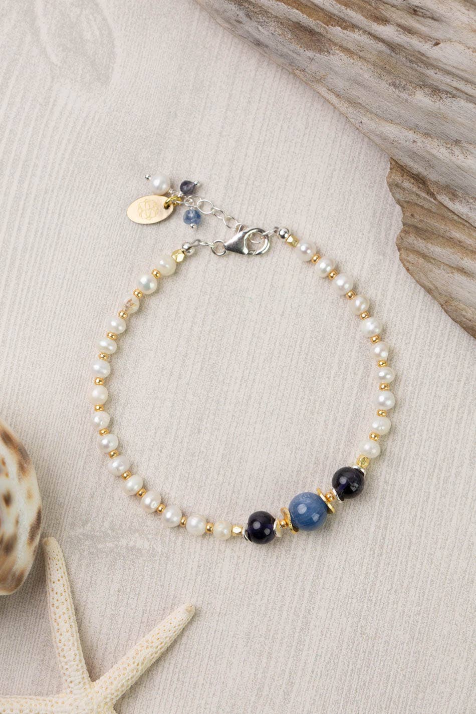 Anne Vaughan Designs Jewelry - Wholesale Beaded Bracelet - Seaside 7.5-8.5" Pearl, Kayanite, Iolite Single Strand Simple Bracelet