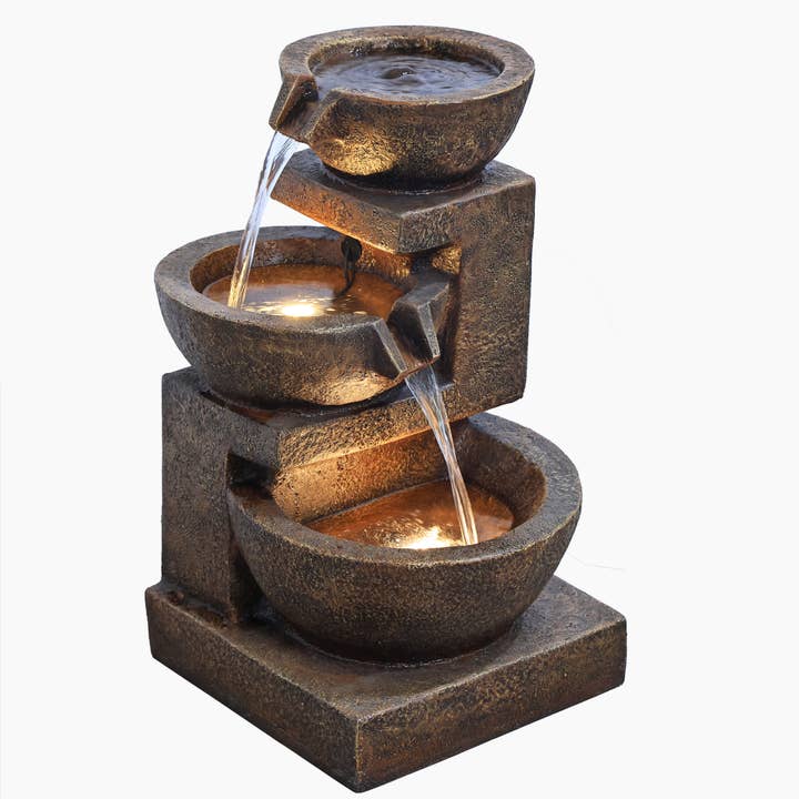 Hi-Line Gift Ltd. - Wholesale Outdoor Ornament/Decor - Cascading Bowl Fountain with Dual Warm White LEDs - Brown