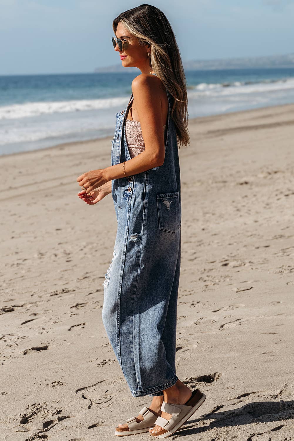 Babs + Birdie - Wholesale Overalls - Women's - Indigo | Distressed Bib Pocket Wide Leg Denim Overall16
