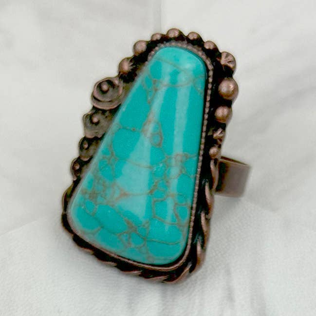 RZ231205-136 Copper metal with blue turquoise triangle stone adjustable Ring for wholesale by Western Elite Jewelry