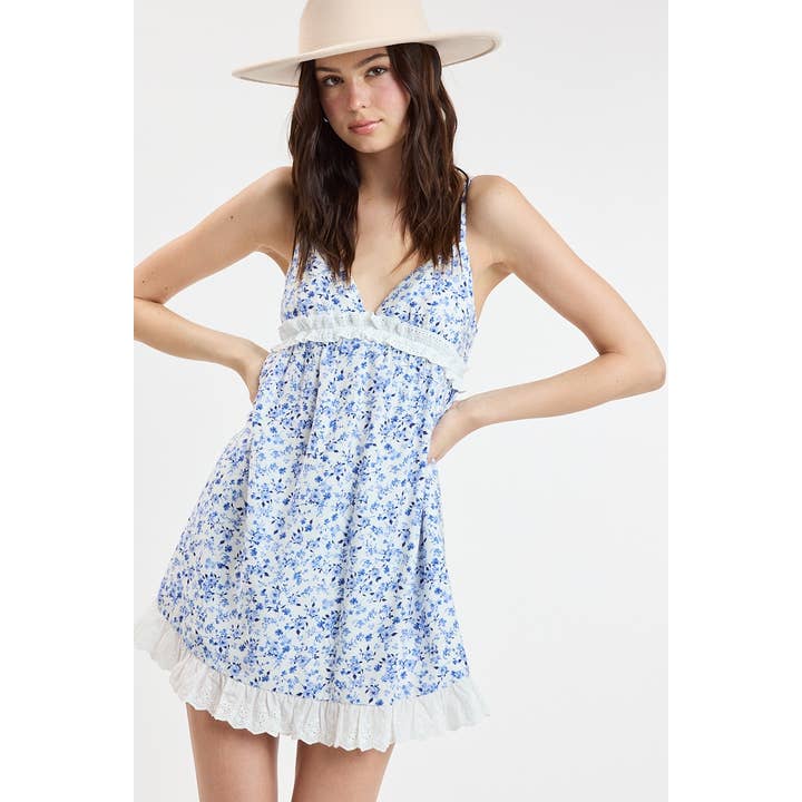 DEEP BLUE FLORAL WIDE LACE SWING MINI DRESS for wholesale by Sky to Moon