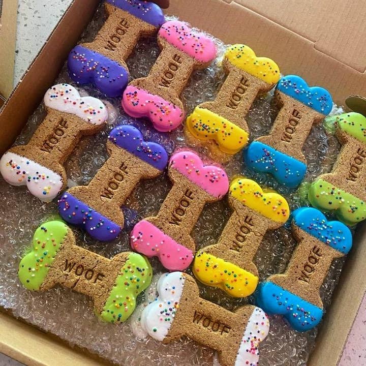 SmittyMitts - Wholesale Pet Treats - Dog - Dipped Woof 4" bone shaped Dog Treats