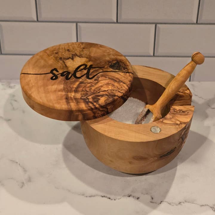 Salt Cellar w/scoop, Olive Wood for wholesale by Black River Arts