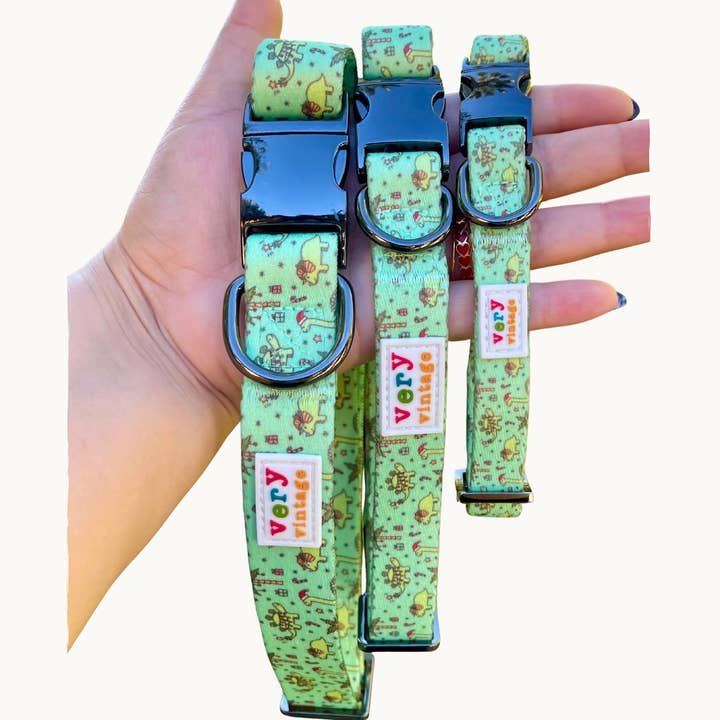Festive Dinos Dog Collar – Green Holiday Dinosaur Print for wholesale by Very Vintage Designs