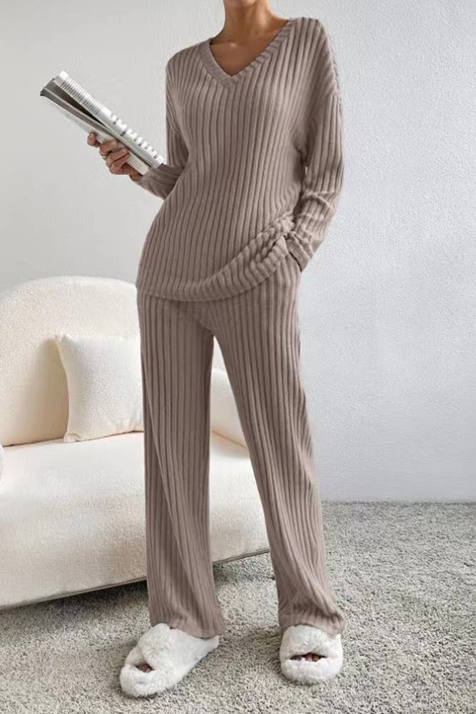 UNISHE - Wholesale Lounge Set - Women's - Plain V Neck Rib Long Sleeves Top With Pants 2pcs Set ZK5606