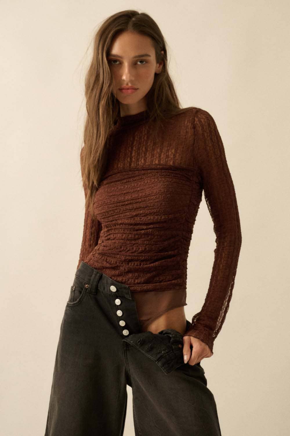 Promesa USA - Wholesale Bodysuit - Women's - Striped Floral Lace Ruched Mock-Neck Bodysuit10