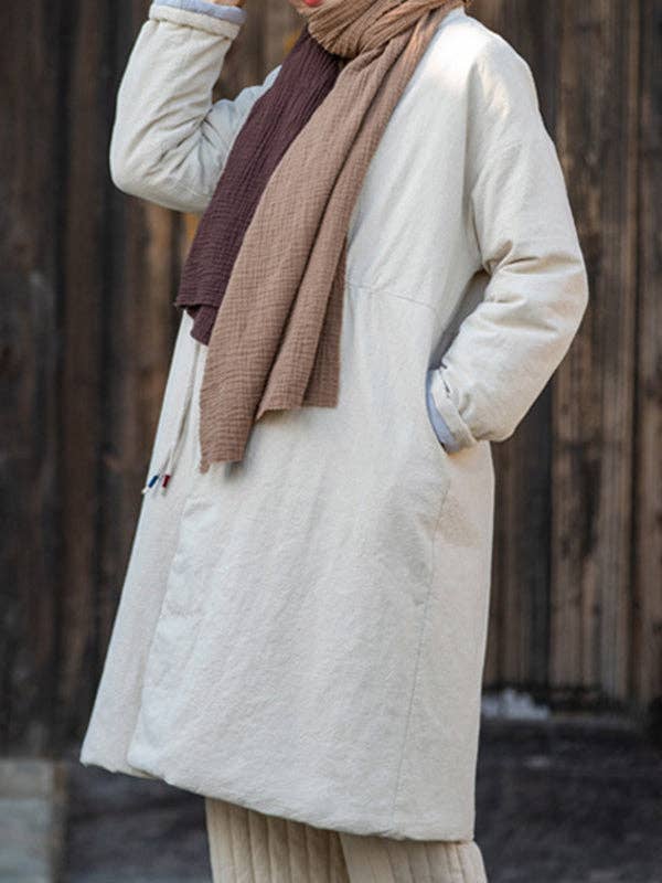 VividLux – Engroshandel Frakke - Dame – Lange ærmer Løst bomuldspolstret tøj Træksnor Quiltet ensfarvet fløjl V-hals Overtøj Polstret frakke2