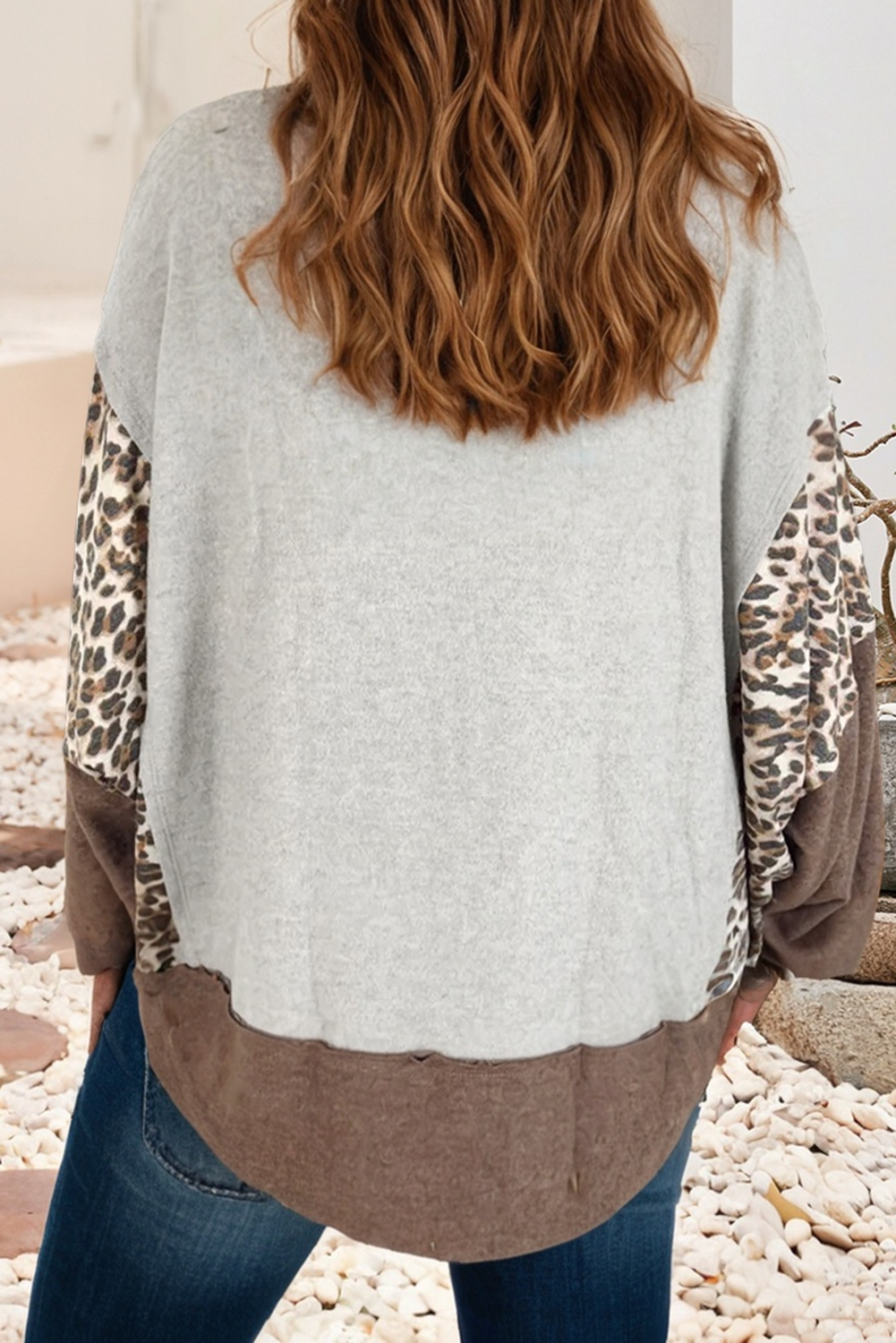 Gray LDC Plus Size Leopard Colorblock Patchwork Dolman Sweatshirt for wholesale on Faire1